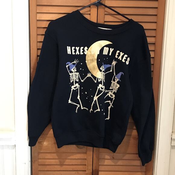 “Hexes On My Exes” Blue Pullover Sweater By Wound Up Size XS Juniors Halloween - Picture 1 of 5